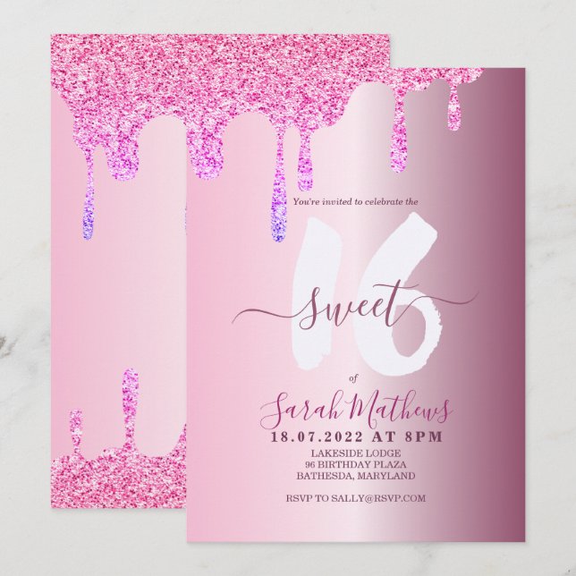 Invitation Sweet 16 Parties scintillant gouttes rose métal An (Devant / Derrière)