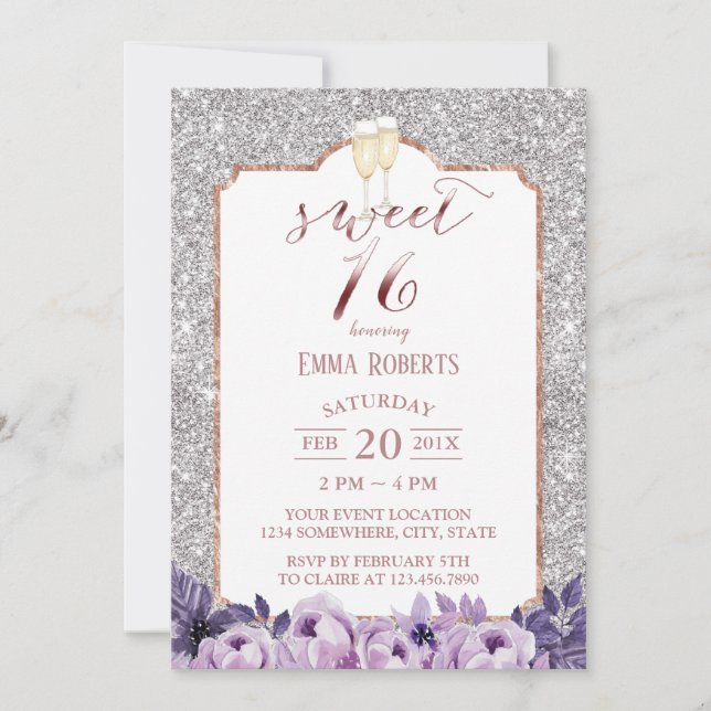 Invitation Sweet 16 Parties scintillant moderne en argent vio (Devant)