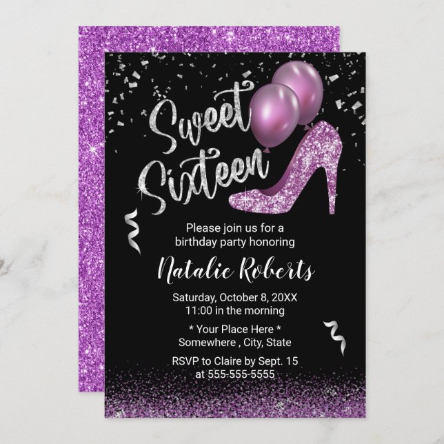 Invitation Sweet 16 Parties scintillant moderne violet fille  (Devant / Derrière)