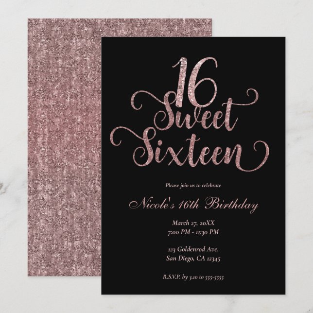 Invitation Sweet 16 Parties scintillant noire et rose fête d' (Devant / Derrière)