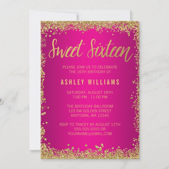 Invitation Sweet 16 Parties scintillant or rose Anniversaire (Devant)