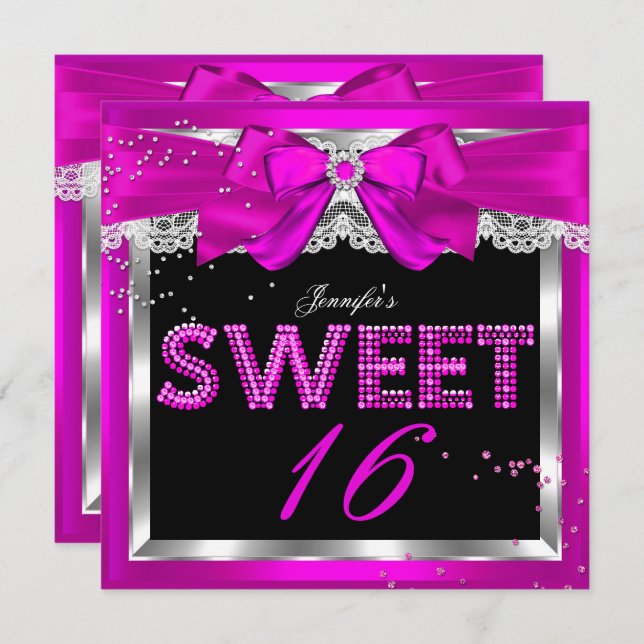 Invitation Sweet 16 Parties scintillant rose chaud glam fête  (Devant / Derrière)