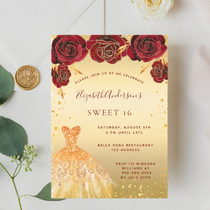 Invitation Sweet 16 parties scintillant rouge or robe glamour