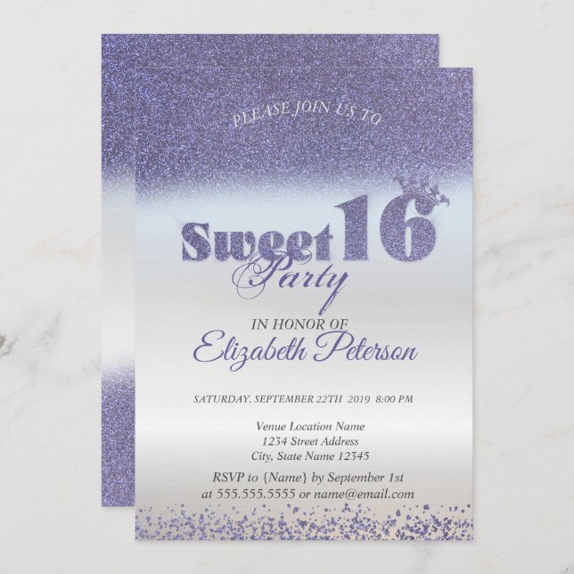 Invitation Sweet 16 Parties scintillant violet Bokeh Ombre, P (Devant / Derrière)