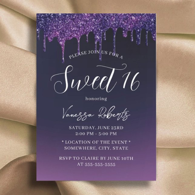 Invitation Sweet 16 Parties scintillant violet moderne Drips  (Créateur téléchargé)