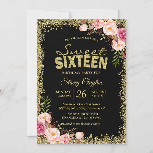 Invitation Sweet 16 Party - Black Gold Parties scintillant ro (Devant)