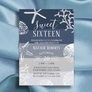 Invitation Sweet 16 Party Elégant Marine Blue Beach Starfish