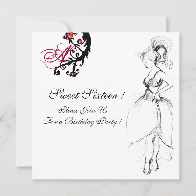 Invitation SWEET 16 PARTY MONOGRAM, Rouge Noir Blanc Annivers (Devant)