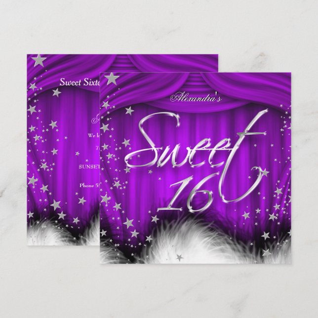 Invitation Sweet 16 Party Plumes pourpres 16e anniversaire (Devant / Derrière)