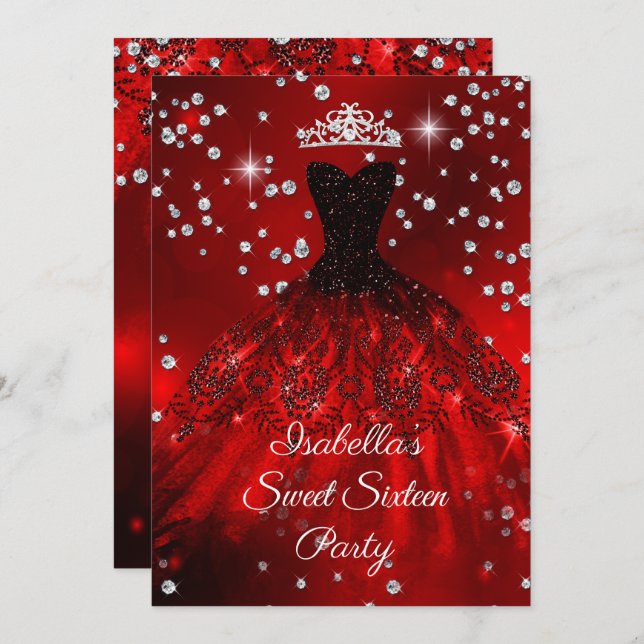 Invitation Sweet 16 Party Robe rouge étincelante TIARA (Devant / Derrière)