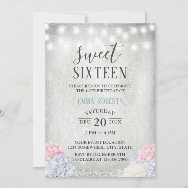 Invitation Sweet 16 Party Rustic Hydrangeas élégant floral (Devant)