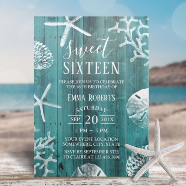 Invitation Sweet 16 Party Rustic Turquoise Beach Starfish (Créateur téléchargé)