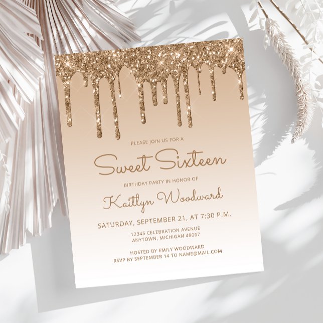 Invitation Sweet 16 pas chère Glitter Drip Or (Créateur téléchargé)