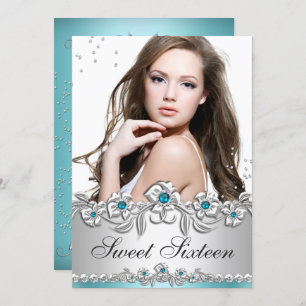 Invitation Sweet 16 Photo Blue Silver Diamond Jewel Party