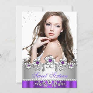 Invitation Sweet 16 Photo Purple Silver Floral Jewel Party
