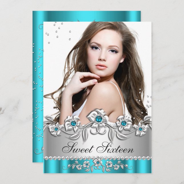 Invitation Sweet 16 Photo Turquoise Bleu Joyau Diamant Argent (Devant / Derrière)