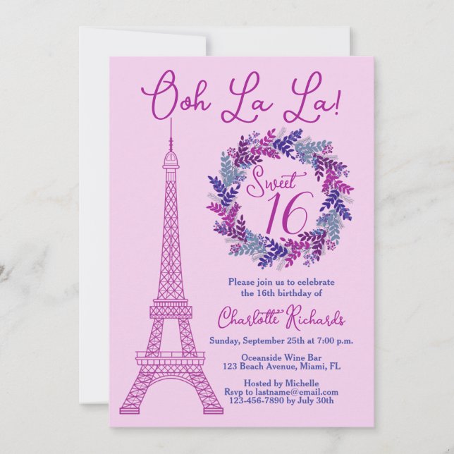 Invitation Sweet 16 Pink Paris Tour Eiffel Anniversaire (Devant)