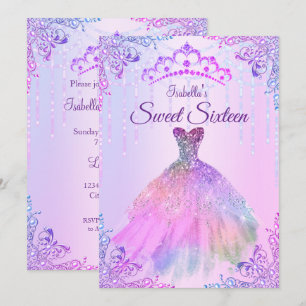 Invitation Sweet 16 Pink Purple Lilac Silver Pearl Gown
