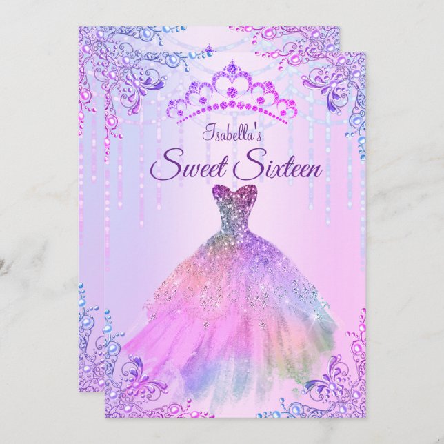 Invitation Sweet 16 Pink Purple Lilac Silver Pearl Gown (Devant / Derrière)