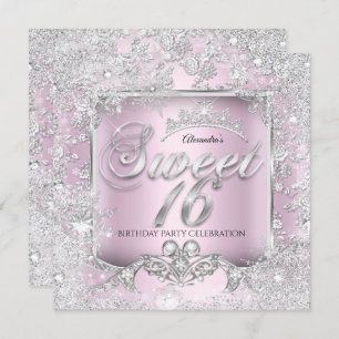 Invitation Sweet 16 Pink Silver Tiara Winter Wonderland Party