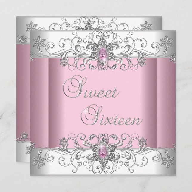 Invitation Sweet 16 Pink Silver White Diamond Image Party (Devant / Derrière)