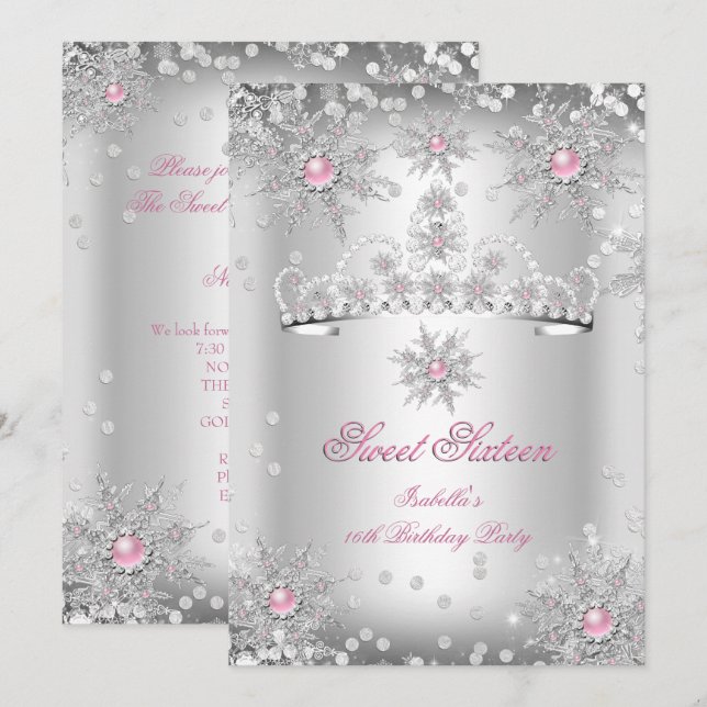 Invitation Sweet 16 Pink Silver Winter Wonderland (Devant / Derrière)