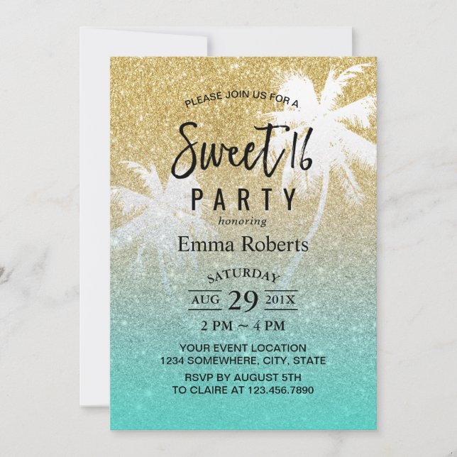 Invitation Sweet 16 Plage tropicale Palm Tree Or moderne (Devant)