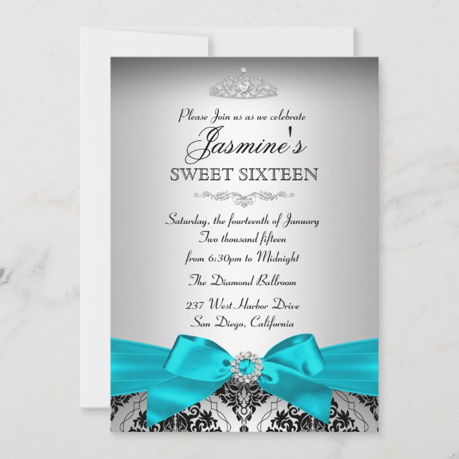 Invitation Sweet 16 Pretty Silver & Teal Damassé (Devant)