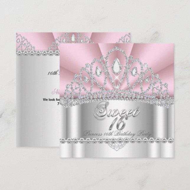 Invitation Sweet 16 Princess Rose Diamant Blanc Tiara (Devant / Derrière)