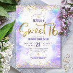 Invitation Sweet 16 Purple Aquarelle Or Fille Anniversaire<br><div class="desc">"Bonne Douce 16". Faites-nous parvenir cette invitation de fête unique, simple, festive, moderne et personnalisée pour un événement à retenir. Un arrière - plan d'aquarelle mauve et doux est superposé par de minuscules points de parties scintillant de confettis et un script de typographie. Personnalisez le texte personnalisé avec le nom...</div>