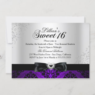 Invitation Sweet 16 Purple Black Damassé Étincelle