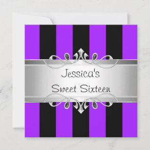 Invitation Sweet 16 Purple Black Stripes Silver Jewel Party