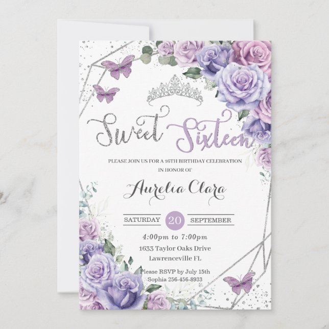 Invitation Sweet 16 Purple Floral 16th Birthday Butterflies (Devant)