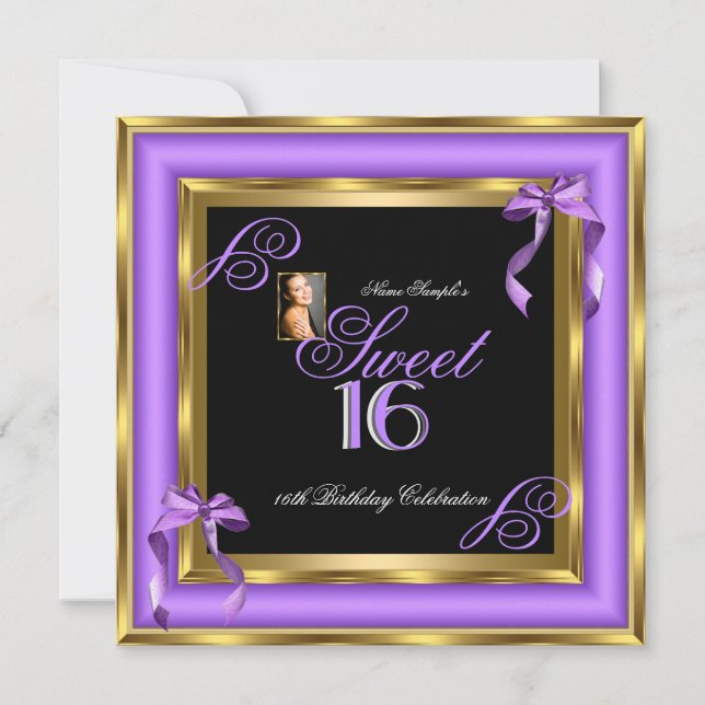 Invitation Sweet 16 Purple Gold Photo 16e fête d'anniversaire (Devant)