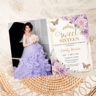 Invitation Sweet 16 Purple Lilac rose papillon floral photo