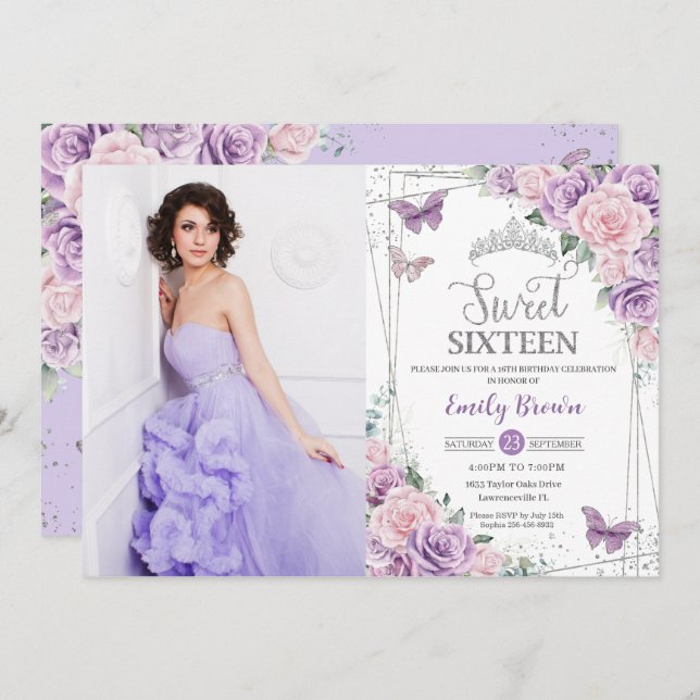 Invitation Sweet 16 Purple Lilac rose papillon floral photo (Devant / Derrière)