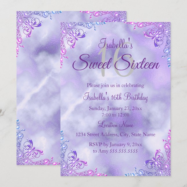 Invitation Sweet 16 Purple Lilac Silver Pearl Damask (Devant / Derrière)