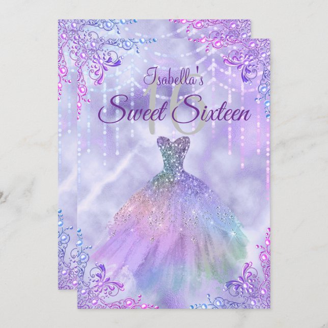 Invitation Sweet 16 Purple Lilac Silver Pearl Gown (Devant / Derrière)