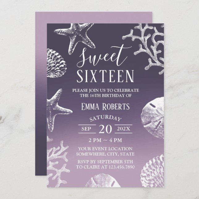 Invitation Sweet 16 Purple Ombre Beach Seashells (Devant / Derrière)