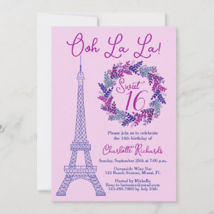 Invitation Sweet 16 Purple Paris Tour Eiffel Anniversaire