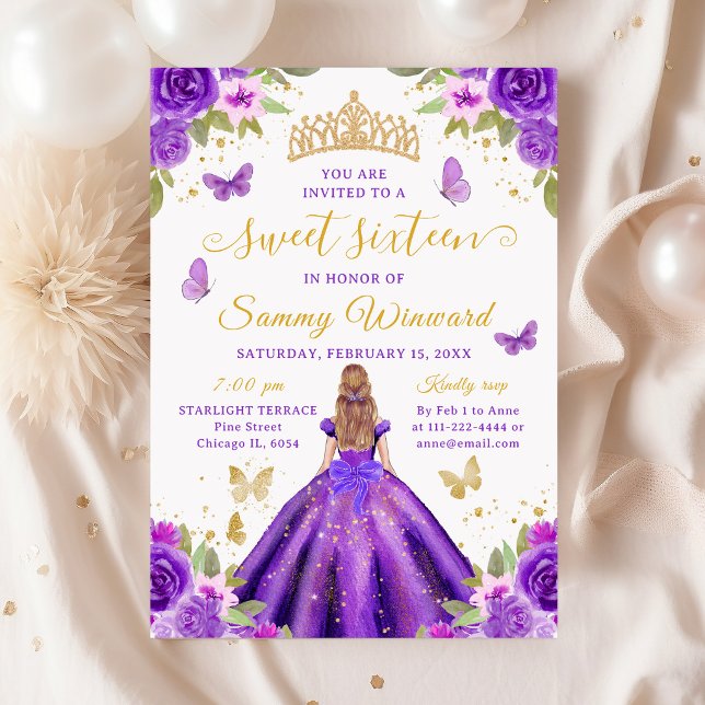 Invitation Sweet 16 Purple Princess Blonde Girl (Créateur téléchargé)