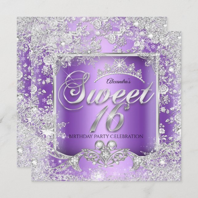 Invitation Sweet 16 Purple Silver Tiara Winter Wonderland (Devant / Derrière)