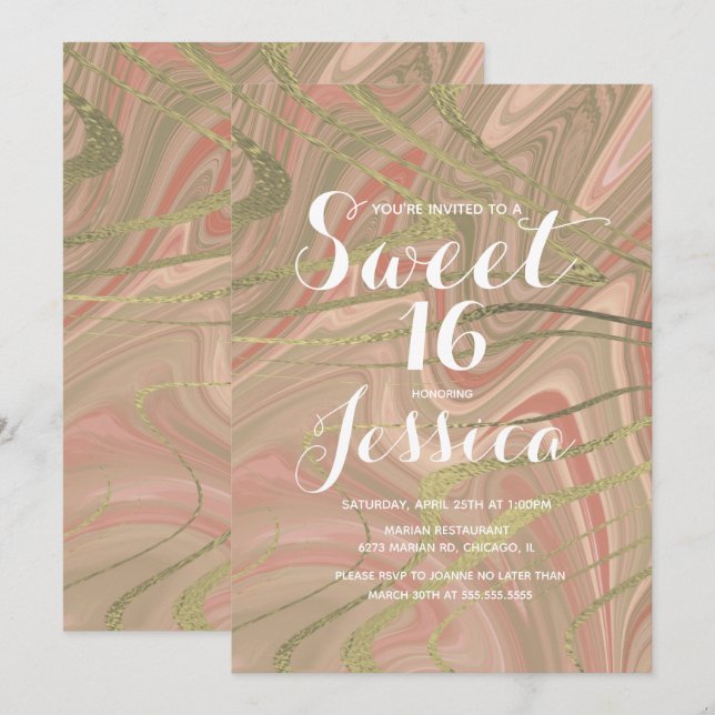 Invitation Sweet 16 | Quince Marble Liquide Blush Faux Or (Devant / Derrière)