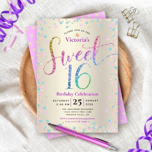Invitation Sweet 16 Rainbow Parties scintillant Confetti Gold