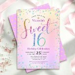 Invitation Sweet 16 Rainbow Parties scintillant Confetti Ombr<br><div class="desc">"Bonne Douce 16". Envoyez cette invitation de fête étonnante, pétillante, girly, festive, moderne, personnalisée pour un événement à retenir. La typographie de script de parties scintillant arc-en-ciel, ainsi que les fabuleux confettis turquoise, rose violet et or, recouvrent un arrière - plan métallique à l'ombre arc-en-ciel. Un motif à points de...</div>