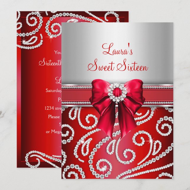 Invitation Sweet 16 Red Bow & Sparkle Diamond Annonces (Devant / Derrière)
