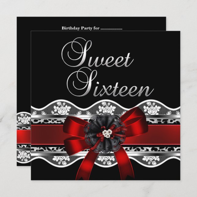 Invitation Sweet 16 Red Lace Silver Black Leopard Anniversair (Devant / Derrière)