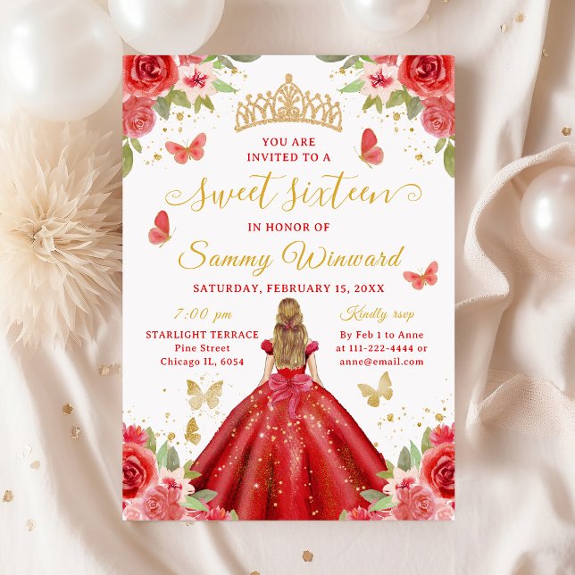 Invitation Sweet 16 Red Princess Blonde Girl (Créateur téléchargé)