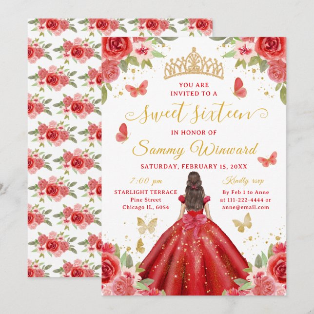 Invitation Sweet 16 Red Princess Brunette Girl (Devant / Derrière)