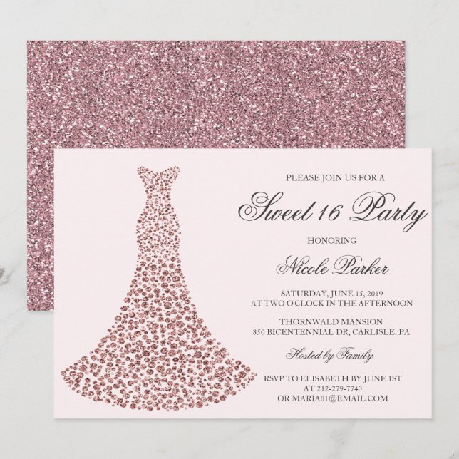 Invitation Sweet 16 Robe de diamant - TOUTE COULEU (Devant / Derrière)